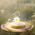 White Daisy Wood Flower Bee Rhinestone Keychain Silver Ring view 3