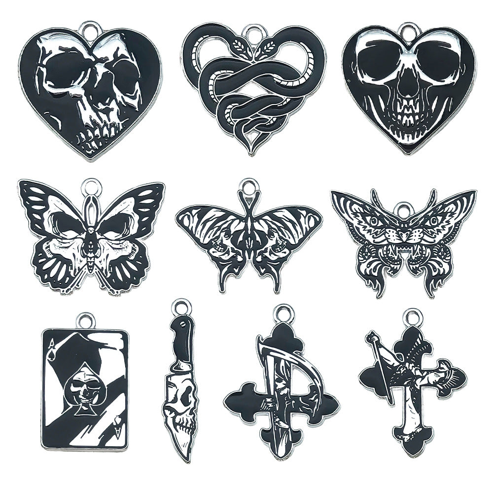 Zinc Alloy Dark Butterfly Skull Cross Poker Heart Charm Pendant for DIY Earring Necklace
