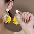 Woven Mesh Sun Hat Yellow Flower Oversized Dangle Earrings view 6