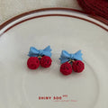 Light Blue Bow Red Textured Cherry Drop Stud Earrings view 4