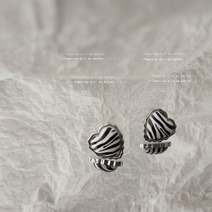 Black White Zebra Stripe Heart Stud Earrings Silver Rim