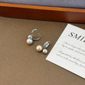 Silver Twin Peach Pearl Look Huggie Hoop Dangle Earrings view 3