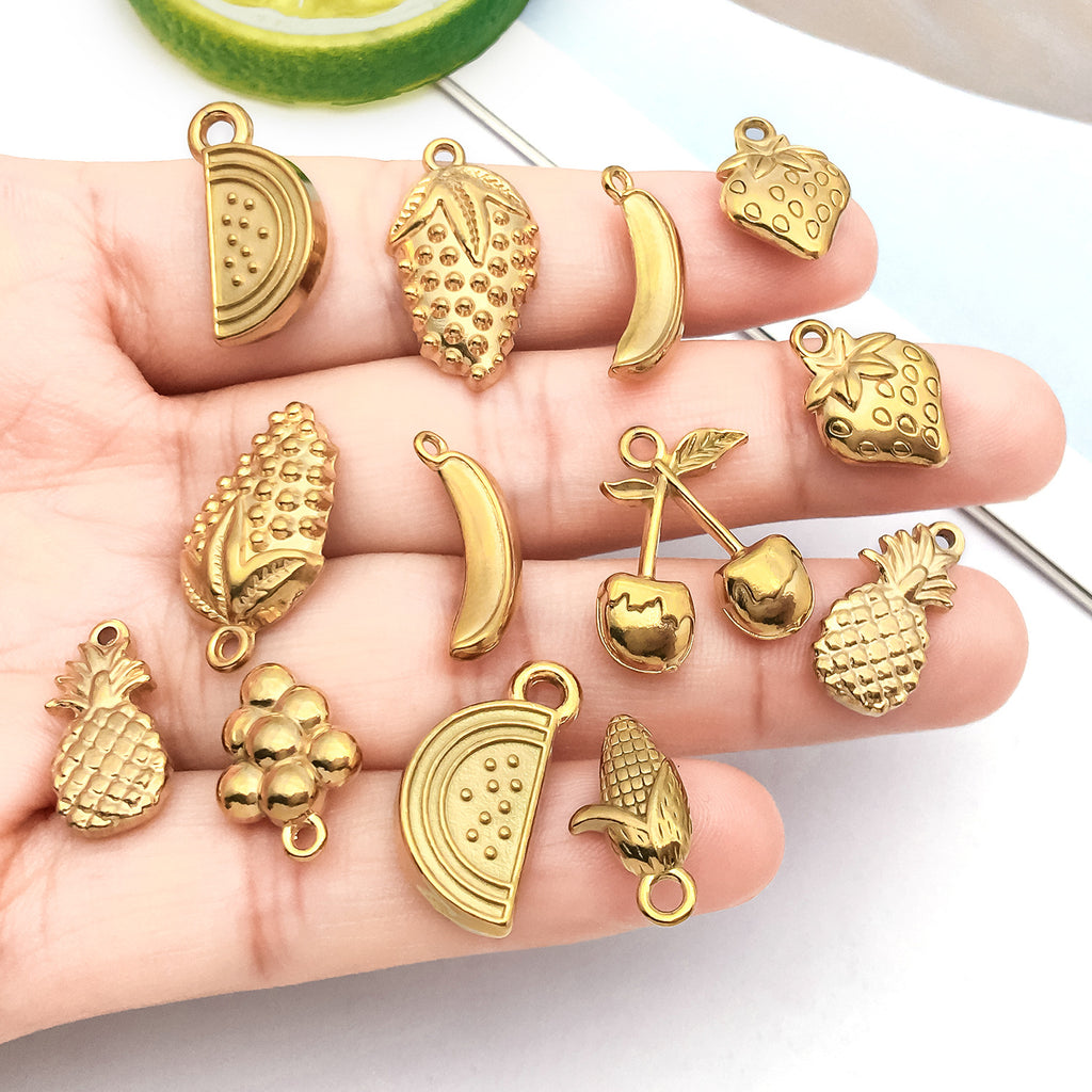 Gold Stainless Steel Cherry Strawberry Banana Charm Pendant for DIY Earrings Necklace