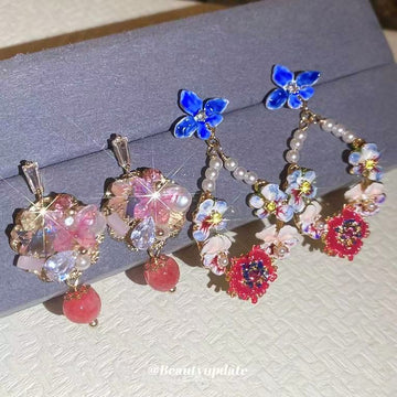 Colorful Floral Crystal Drop Earrings in Three Styles