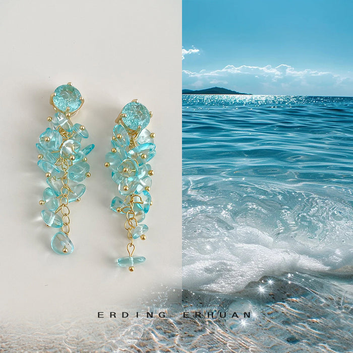 Aqua Blue Glass Crystal Chip Long Tassel Dangle Earrings