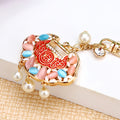 Jeweled Ruyi Lock Keychain With Red Beads and Gold Tone Ring view 6