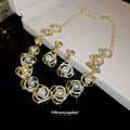 Gold Pearl Crystal Flower Necklace And Drop Earring Set view 2