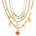 Gold Multi Charm Heart Cross Pearl Layered Necklace Mix view 5