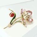 Pink Enamel Flower Brooch Ladybug Green Leaves Gold Tone view 3