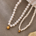 Pearl Bead Necklace Bracelet Set Gold Steel Ball Accent view 3