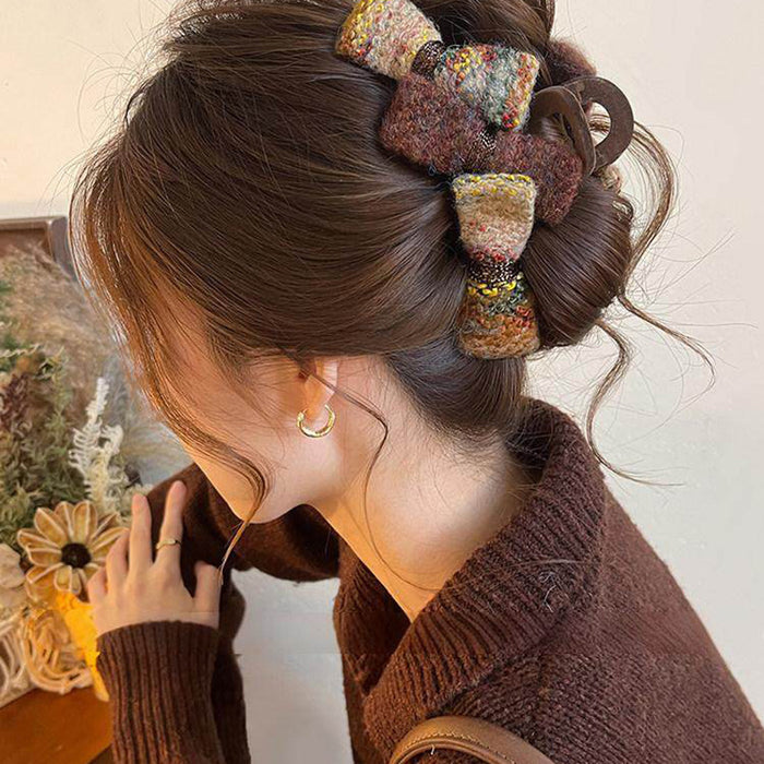 Brown Mixed Tweed Bow Large Hair Claw Clip Coffee Tone
