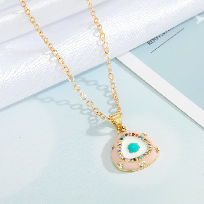 Gold Tone Enamel Triangle Eye Pendant Necklaces in Green or Pink