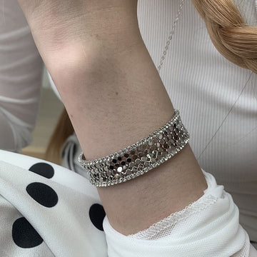 Silver Open Cuff Hexagon Crystal Mesh Rhinestone Bracelet