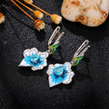 Silver Tone Blue Floral Enamel Leaf Drop Earrings Polished Metal Jewelry view 3