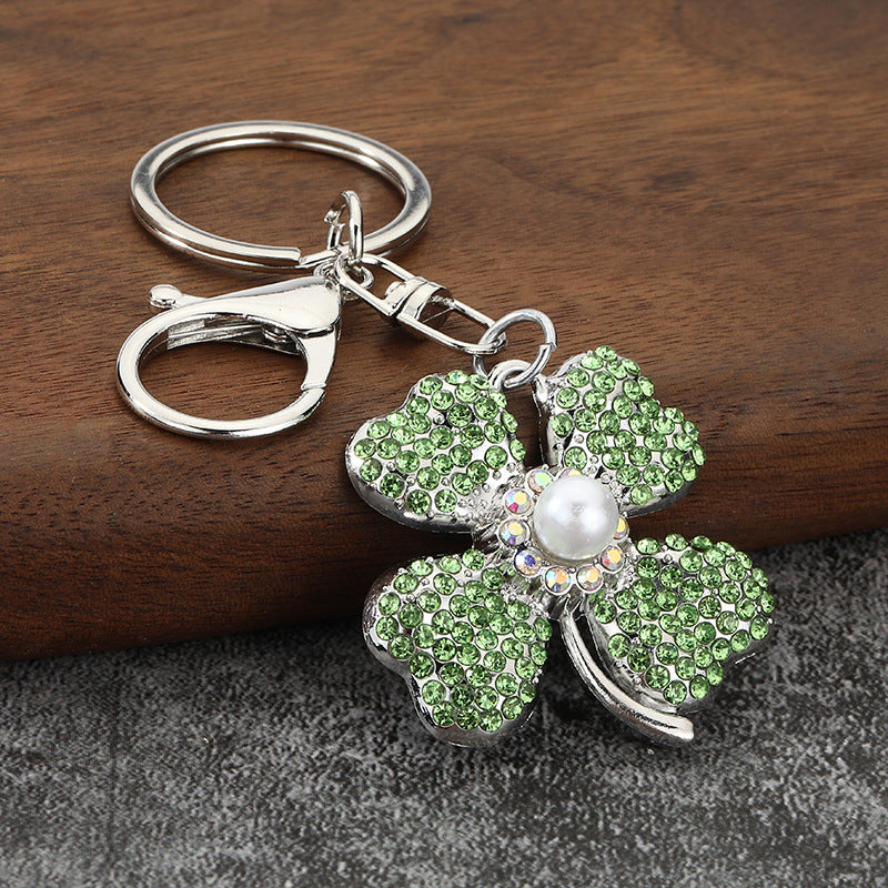 Pearl Clover Rhinestone Keychain for Car Keys and Handbag Decoration
