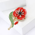Red Enamel Poppy Flower Brooch Green Crystal Leaf Gold Tone view 3