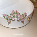 Pink Green and Clear Crystal Butterfly Stud Earrings view 3