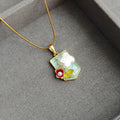 Gold Tone Shield Floral Pendant Necklace in Green Purple or Pink view 3