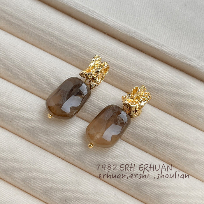 Gold Molten Stud Brown Marbled Resin Drop Earrings Pair