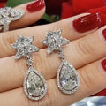 Flower Stud Pear Halo Drop Earrings White Gold Tone view 2