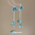 Blue Ribbon Flower Extra Long Chain Tassel Stud Earrings view 2