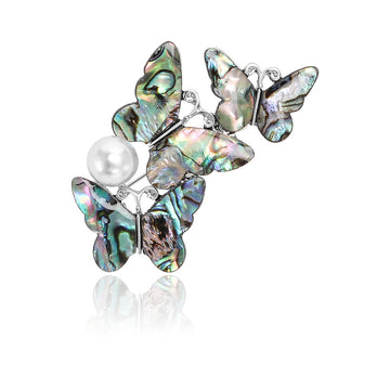 Abalone Shell Butterfly Brooch Pearl Silver Tone Cluster