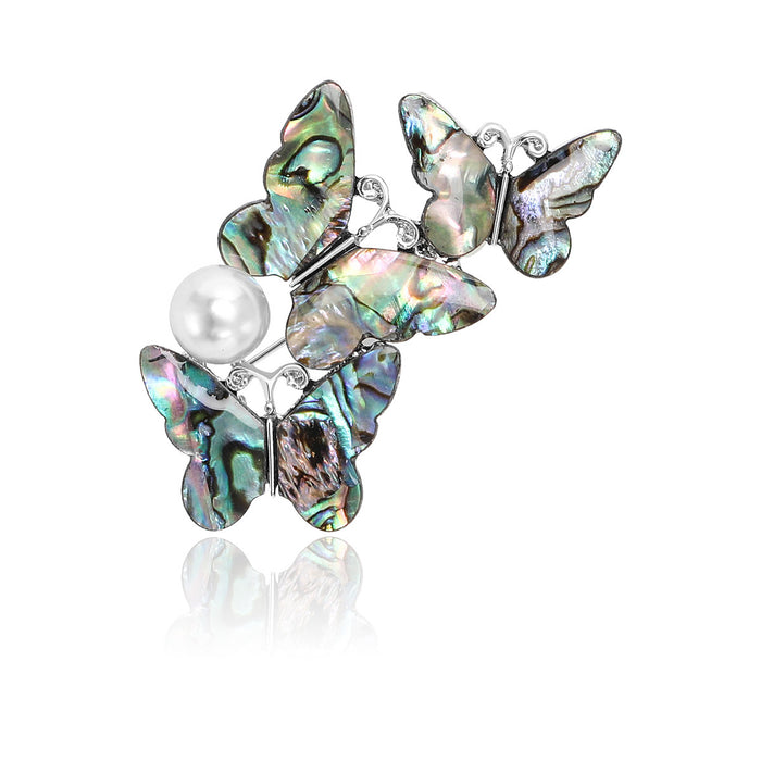 Abalone Shell Butterfly Brooch Pearl Silver Tone Cluster