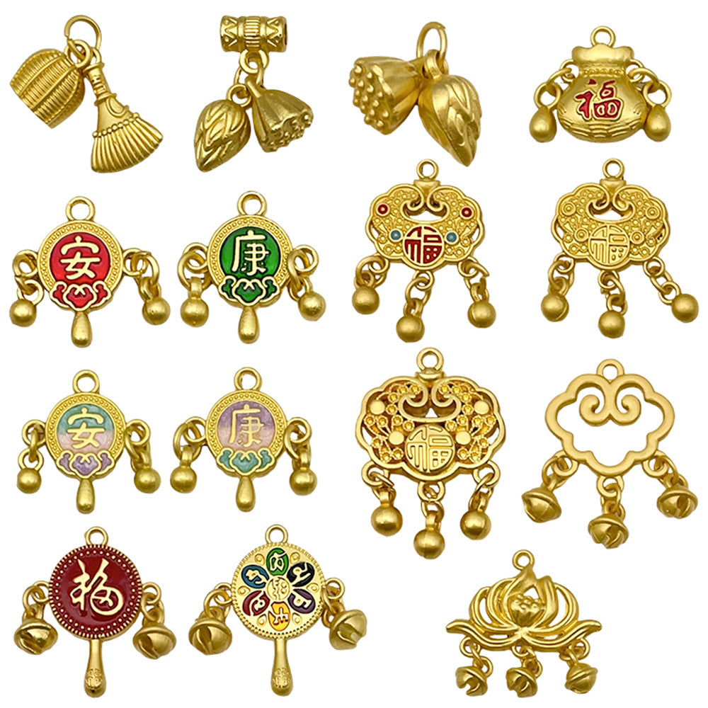 Antique Gold Zinc Alloy Longevity Lock Rattle Drum Lotus Charm Pendant for DIY Jewelry