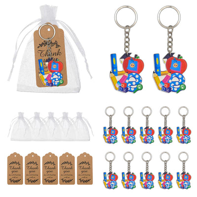 School supplies wood keychains with white bags and kraft tags