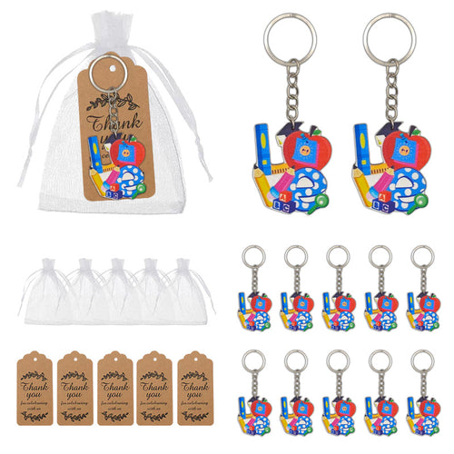 School supplies wood keychains with white bags and kraft tags