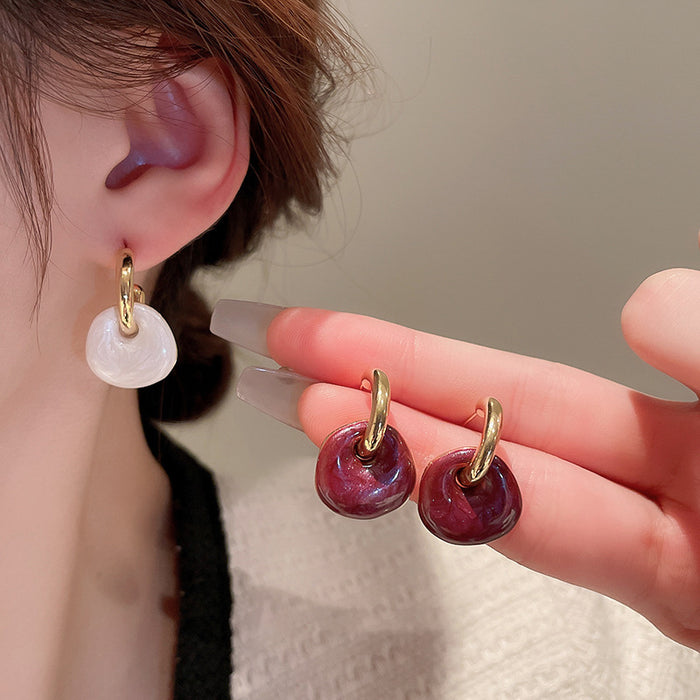 Burgundy Enamel Curved Drop Earrings with Gold Tone Hooks