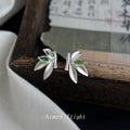 Silver Bamboo Leaf Stud Earrings Light Green Marquise Stone view 1