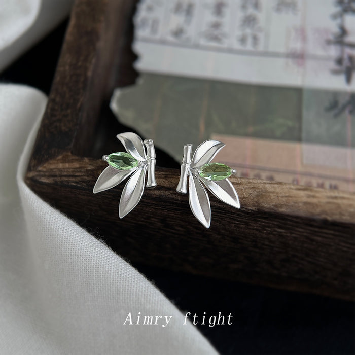 Silver Bamboo Leaf Stud Earrings Light Green Marquise Stone