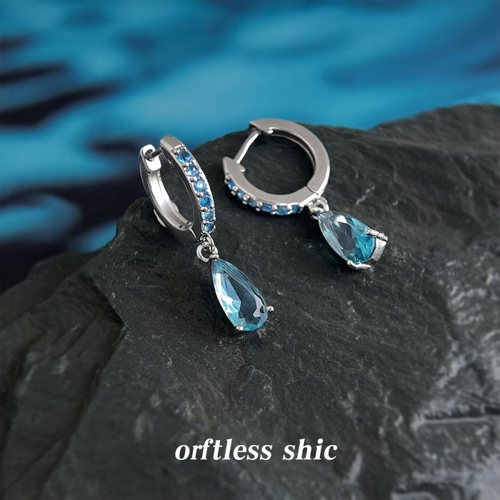 Silver Blue Crystal Huggie Hoop Earrings Teardrop Drops