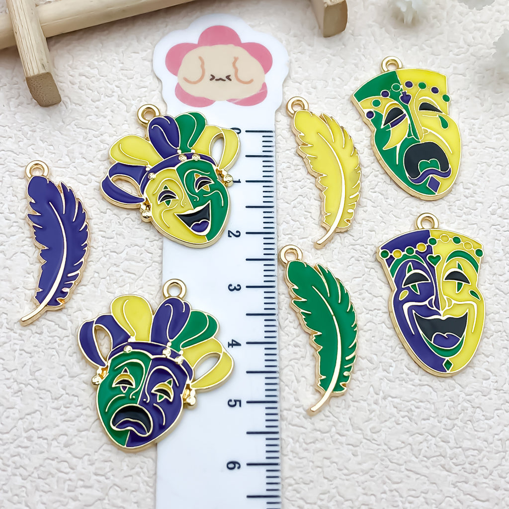 Enamel Zinc Alloy Smiley Mask Mardi Gras Feather charm pendants for DIY keychain jewelry