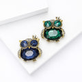 Crown Owl Crystal Brooch Blue Green Antique Gold Tone view 2