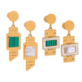 Gold Geometric Drop Earrings Watch Face Shell Crystal Stripe view 5