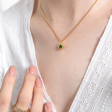 Gold Square Stone Pendant Necklace Pink Clear Blue Red