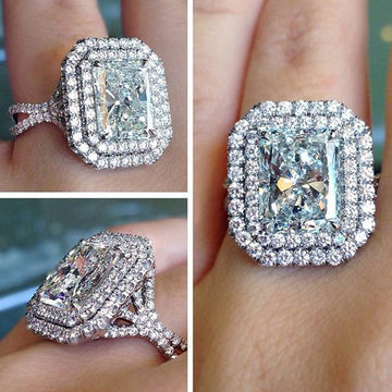Rectangular Crystal Halo Statement Ring in Silver Tone