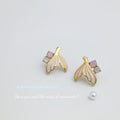 Gold Mermaid Fishtail Stud Earrings White Enamel Gems view 3