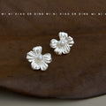 Silver Textured Five Petal Pearl Flower Stud Earrings view 6