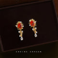 Gold-Tone Branch Orange CZ Teardrop Dangle Stud Earrings view 4