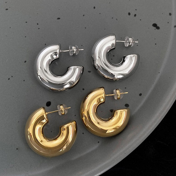 Polished Chunky C Hoop Stud Earrings in Gold and Silver