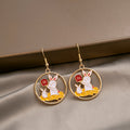 Gold Tone Round Rabbit Fortune Character Drop Hook Earrings view 3