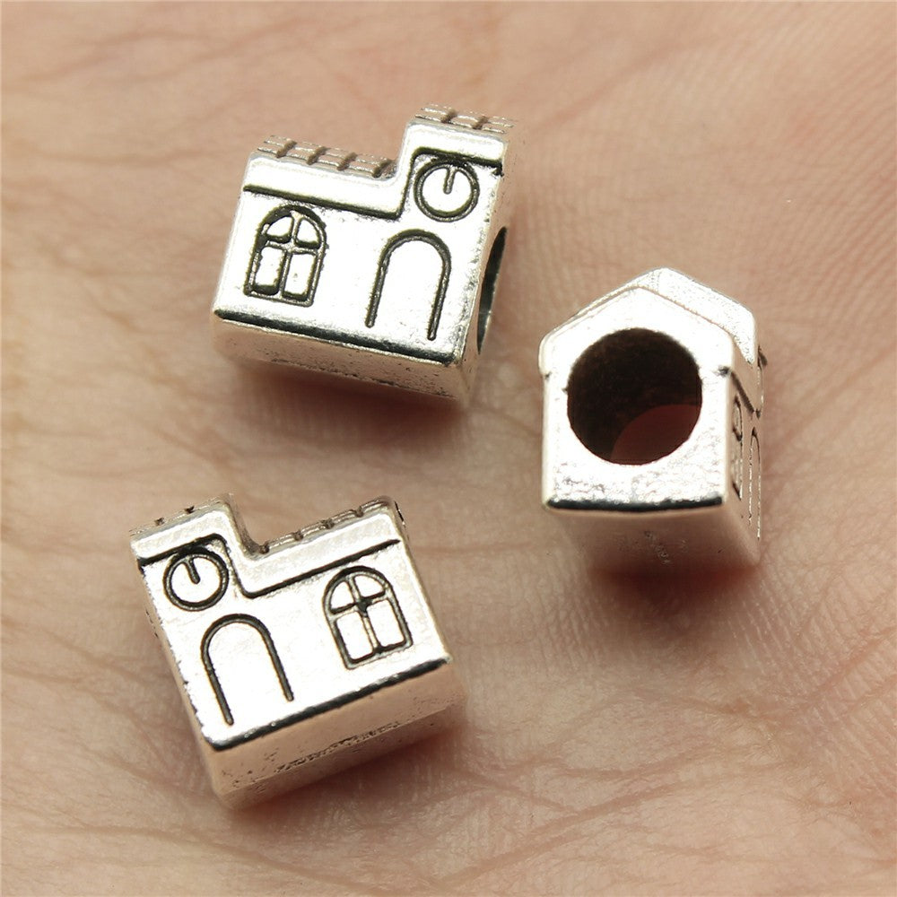 11x10x7mm 2.4g Antique Silver Zinc Alloy House Large Hole Loose Metal Beads for Bracelet Necklace DIY Jewelry