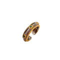 Gold Silver Ribbed Open Ring Green Stone Beaded Band view 5