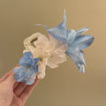 Purple White Fabric Flower Hair Claw With Mismatched Blue Gallery view 3