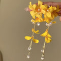 Yellow Fabric Flower Fringe Hook Earrings with Decorative Details view 4