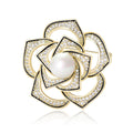 Pearl Center Openwork Camellia Brooch in Silver and Gold view 1