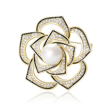 Pearl Center Openwork Camellia Brooch in Silver and Gold